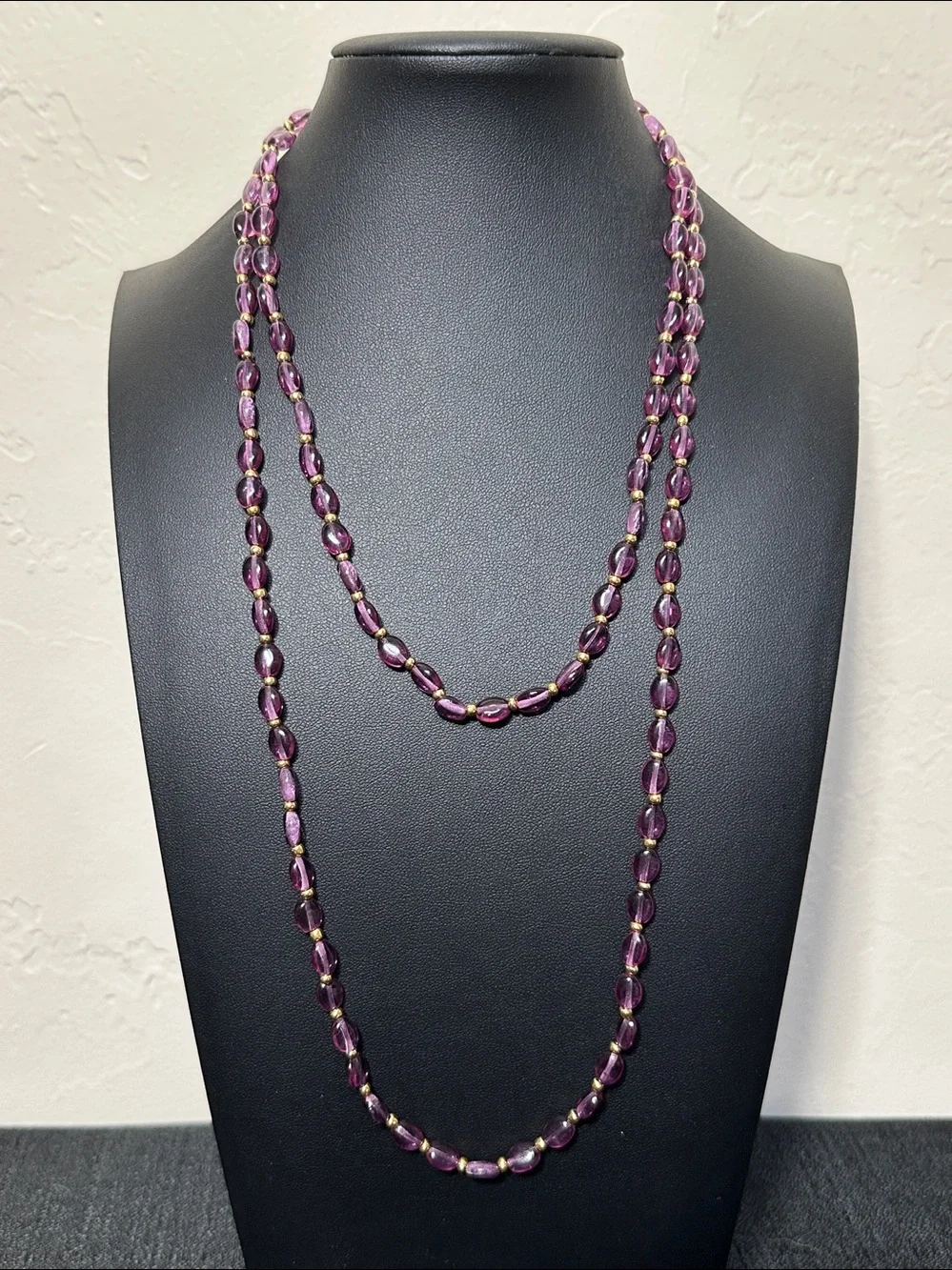 Purple Lucite Oval Beads & Gold Tone Spacer Continuous Vintage Flapper Necklace